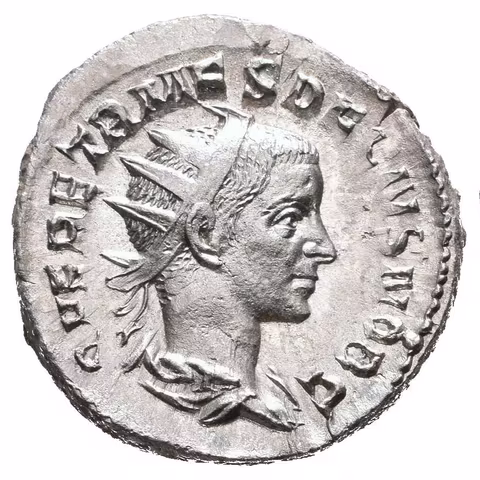 Antoninian, Rv: PIETAS AVGVSTORVM, aspergillum, simpulum, konvice, štít
