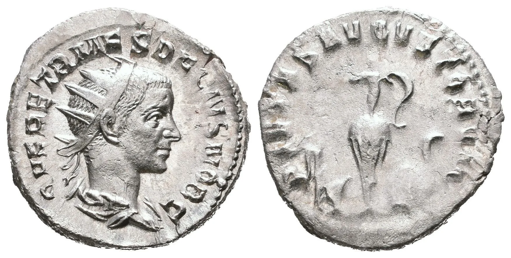 Antoninian, Rv: PIETAS AVGVSTORVM, aspergillum, simpulum, konvice, štít — 1