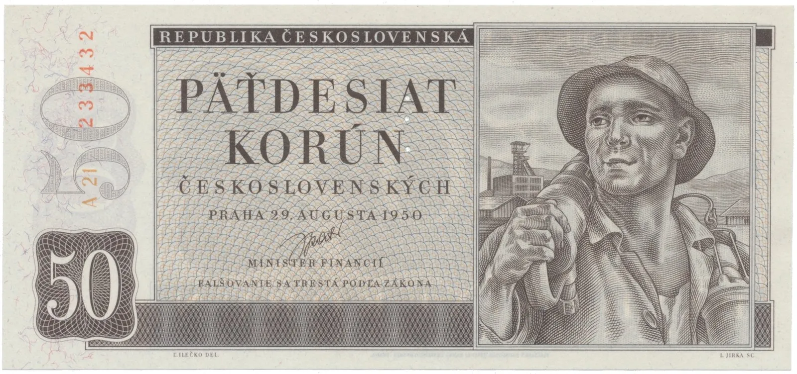 50 Koruna 1950, I. vydání, perforace 3 m.d., Hej.87aS1