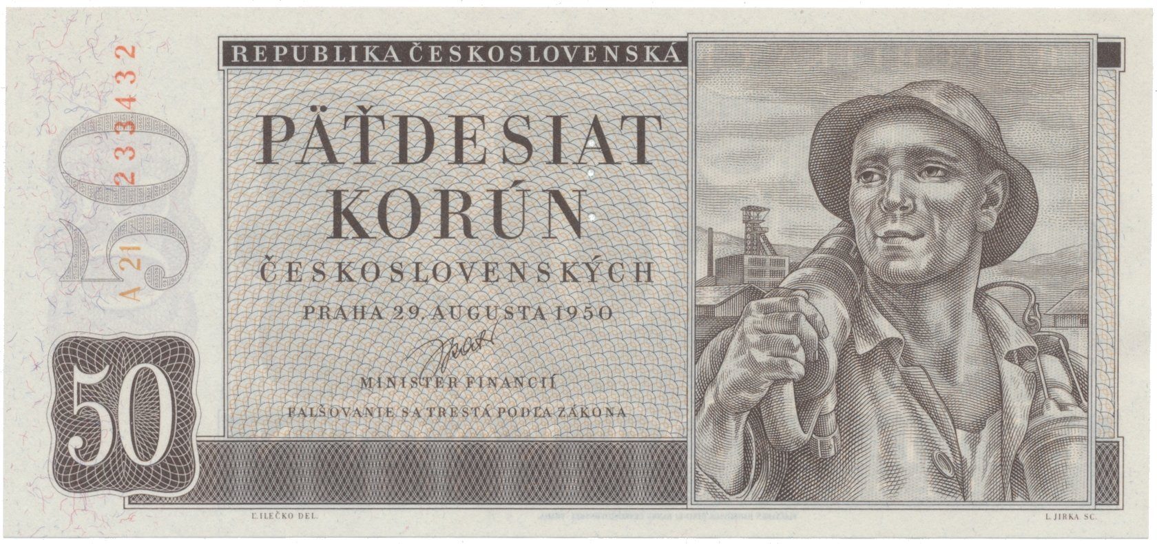 50 Koruna 1950, I. vydání, perforace 3 m.d., Hej.87aS1