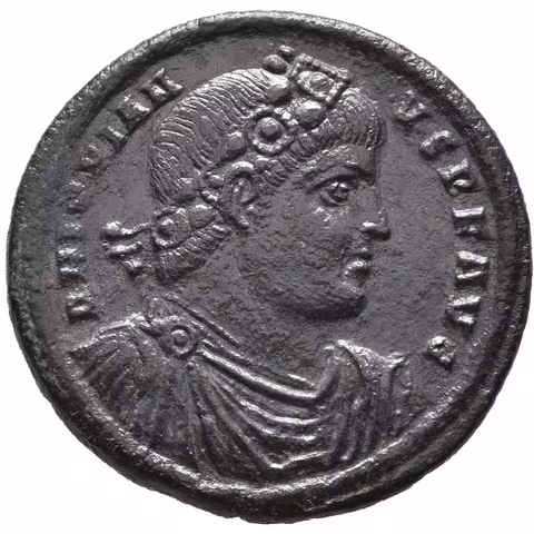 AE 1, Antiochia, Rv: VICTORIA ROMANORVM, stojící Jovianus zleva drží Victorii