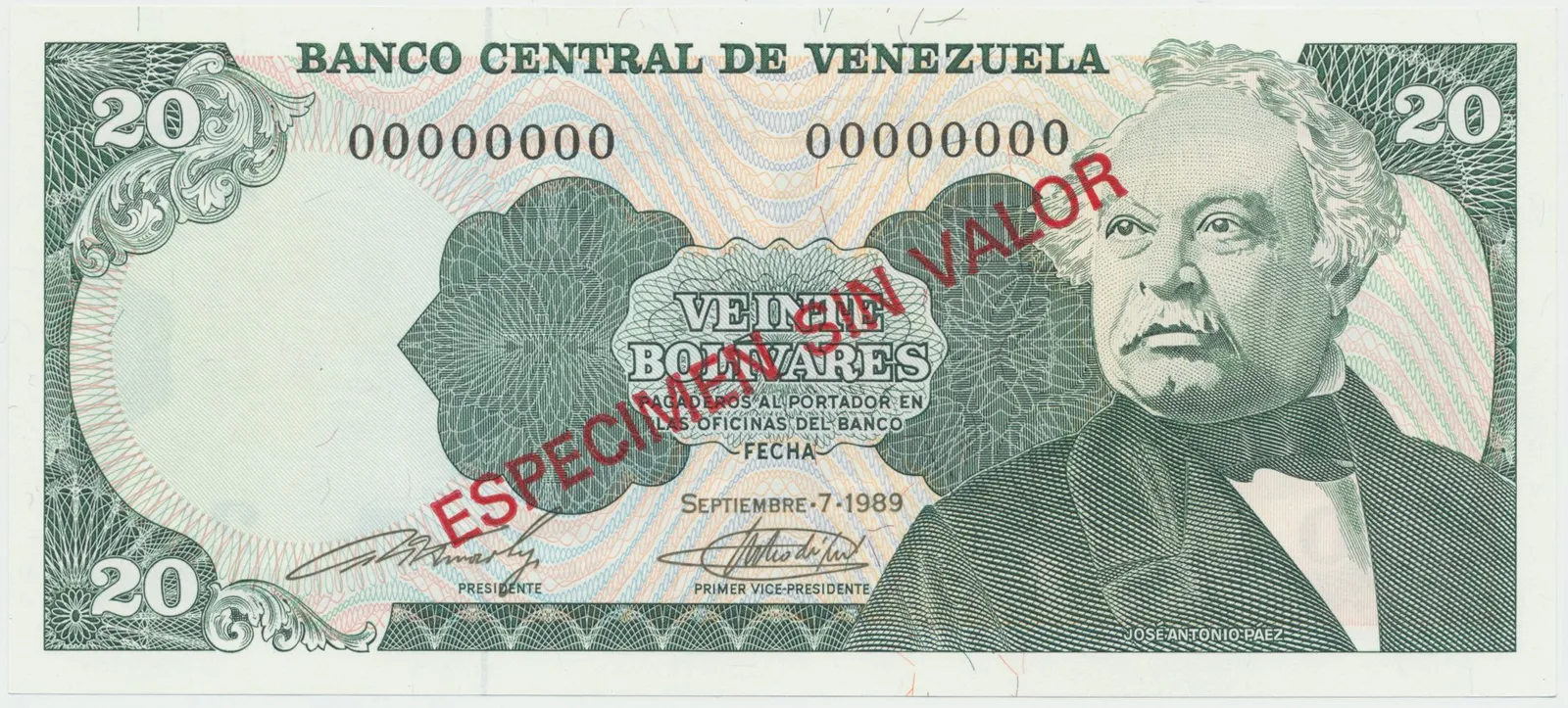 Venezuela, 20 Bolivares 1989, anulát - ESPECIMEN SIN VALOR, P.63bs