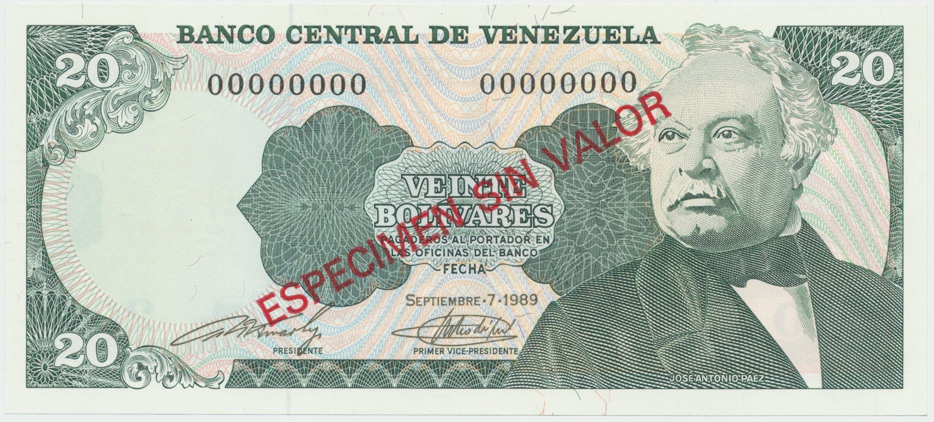 Venezuela, 20 Bolivares 1989, anulát - ESPECIMEN SIN VALOR, P.63bs
