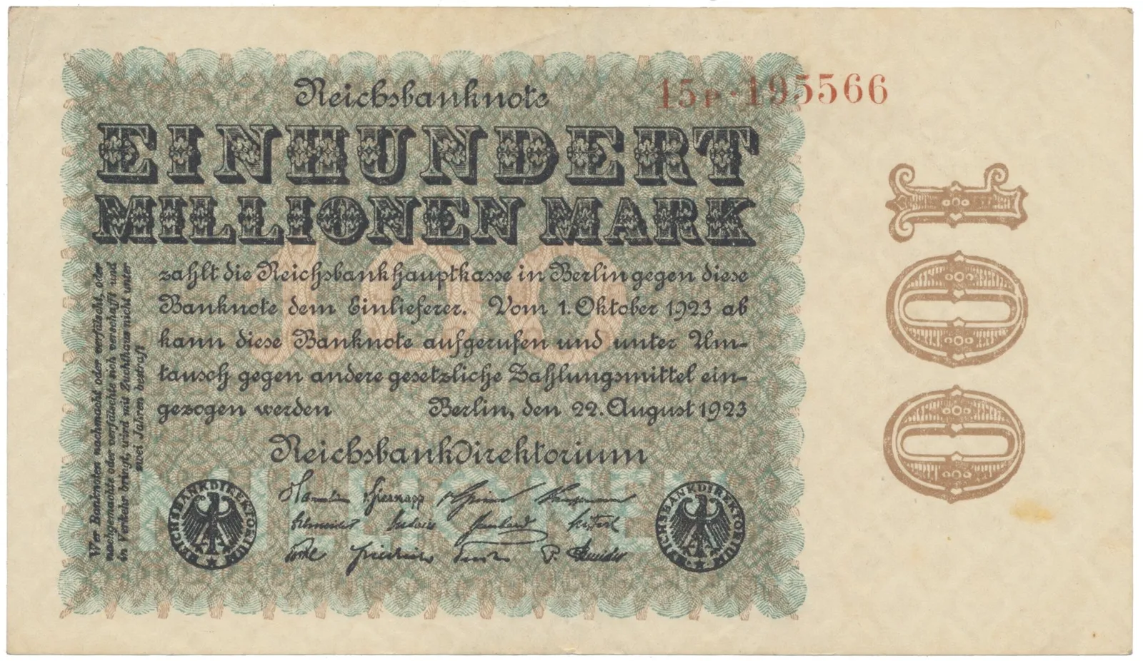 Německo, 100 Millionen Mark 1923, Kreuzblütten, Ro.106e