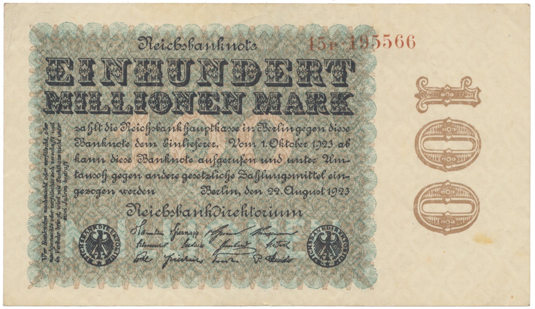Německo, 100 Millionen Mark 1923, Kreuzblütten, Ro.106e