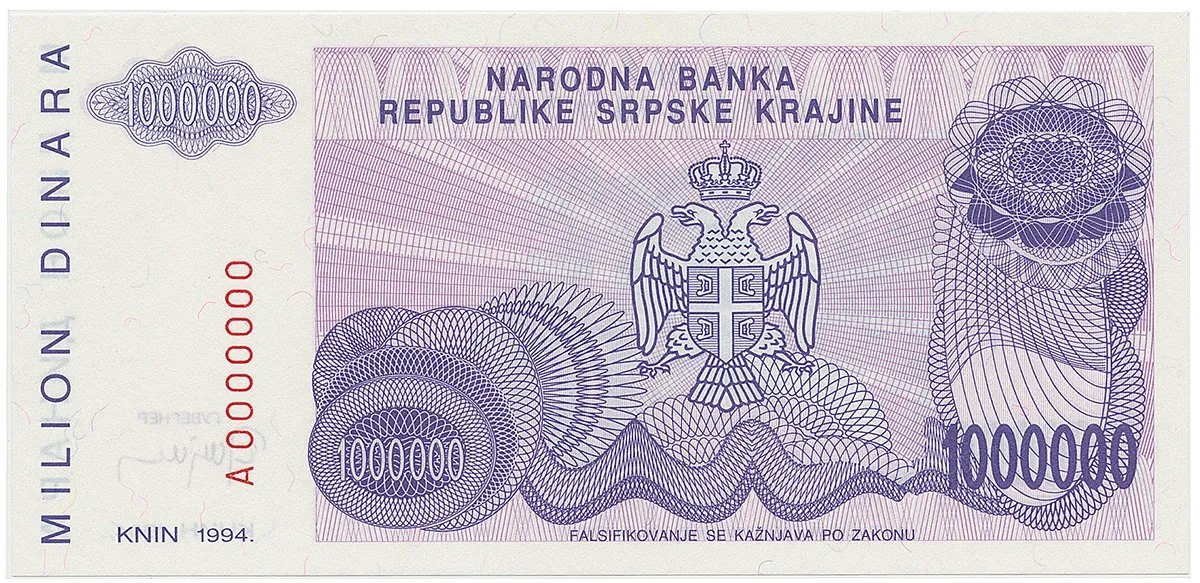 Chorvatsko - Srbská Krajina, 1 Milion Dinara 1994, anulát, A 0000000, P.R33
