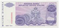 Chorvatsko - Srbská Krajina, 1 Milion Dinara 1994, anulát, A 0000000, P.R33