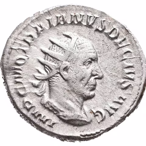 Antoninian, 249 - 251, Rv: DACIA, stojící Dacia zleva drží dlouhou hůl zakončenou