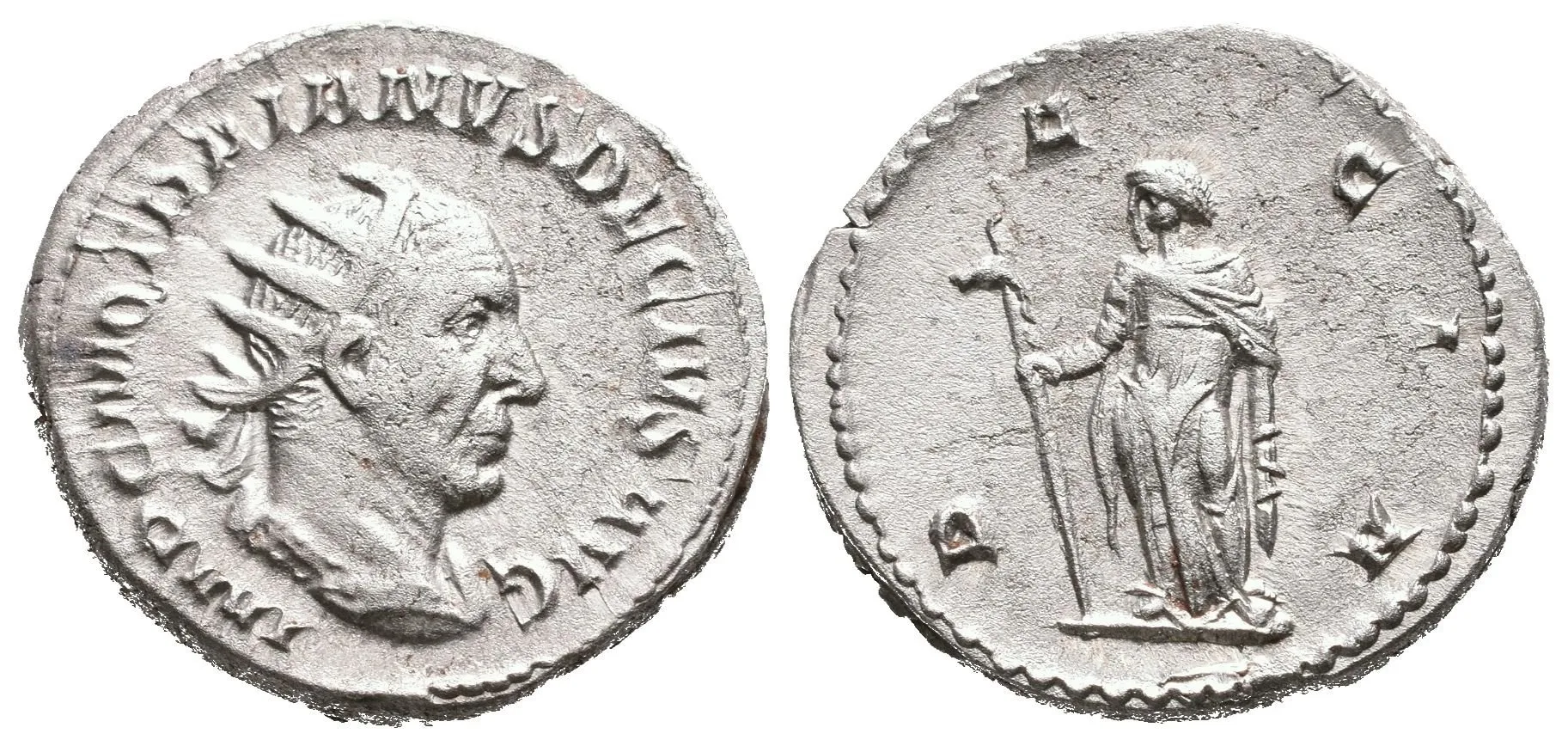 Antoninian, 249 - 251, Rv: DACIA, stojící Dacia zleva drží dlouhou hůl zakončenou — 1