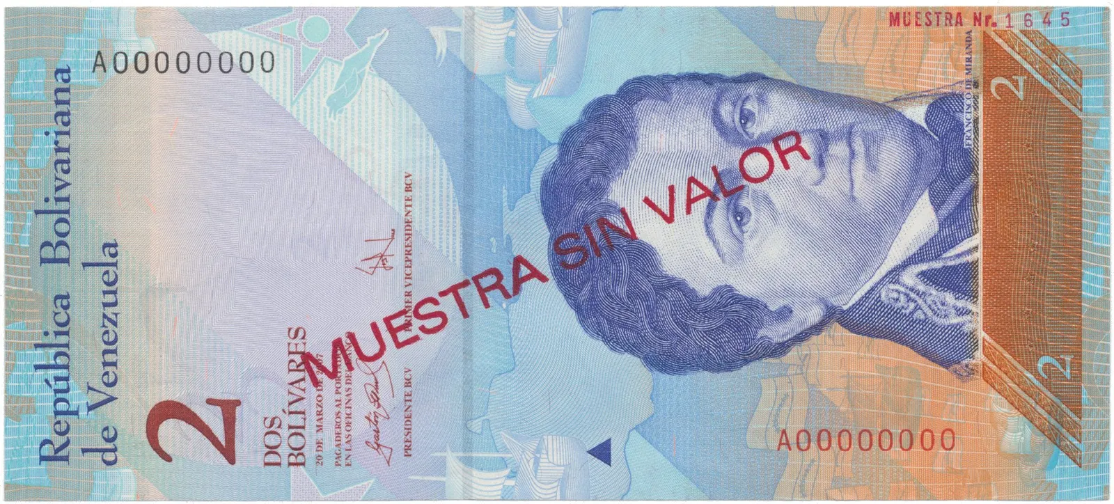 Venezuela, 2 Bolivares 2007, anulát - MUESTRA SIN VALOR, P.88as