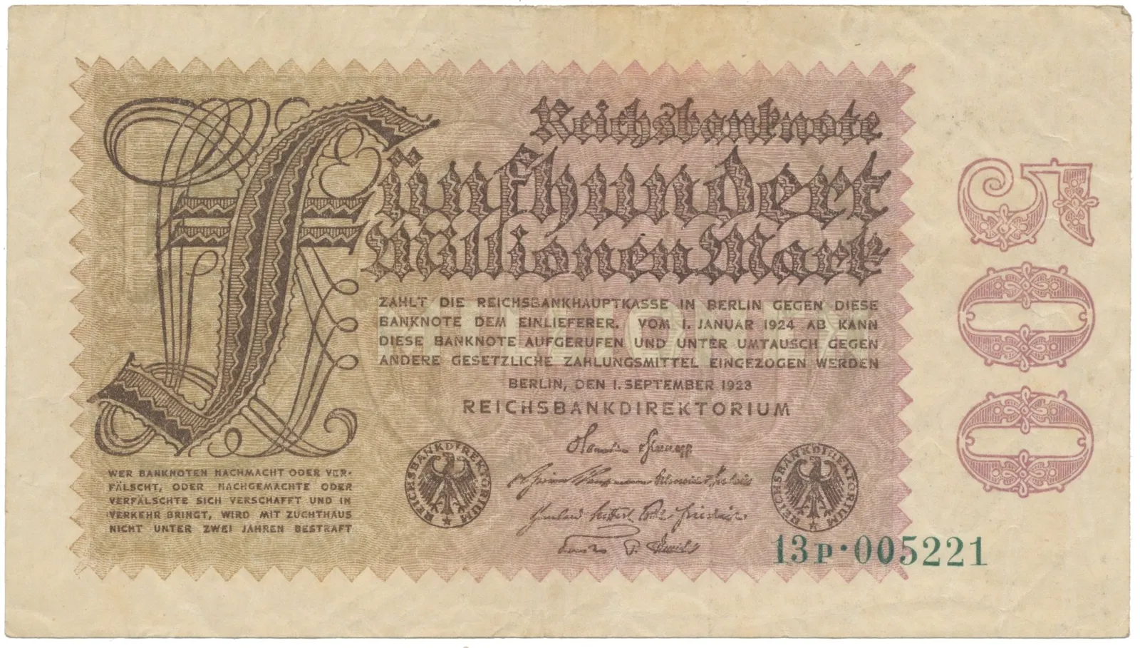 Německo, 500 Millionen Mark 1923, vodoznak Kreuzblütten, Ro.109b
