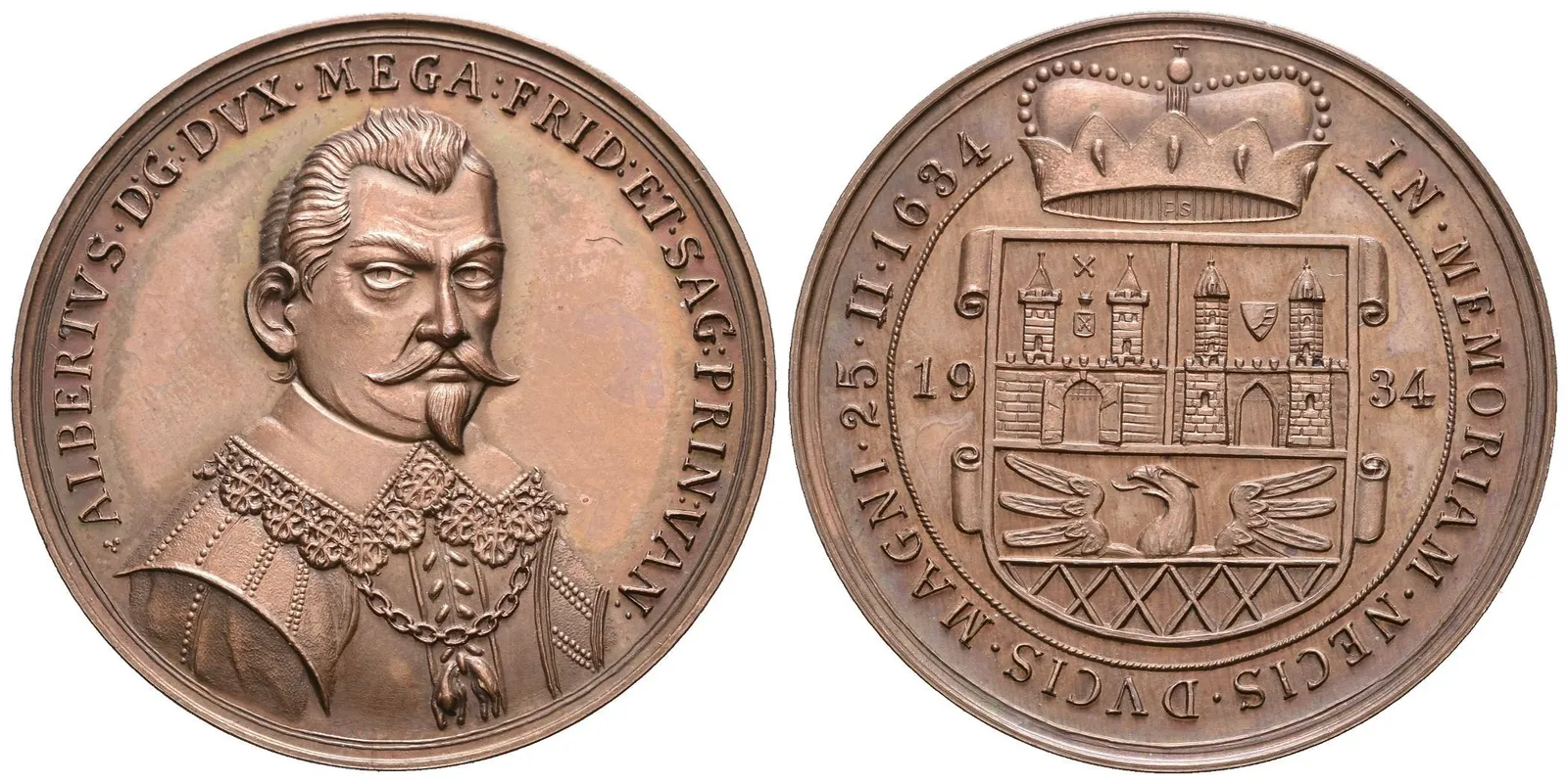AE Medaile 1934/2019 (P. Soušek) - K 300. výročí zavraždění. Poprsí Valdštejna zprava, — 1