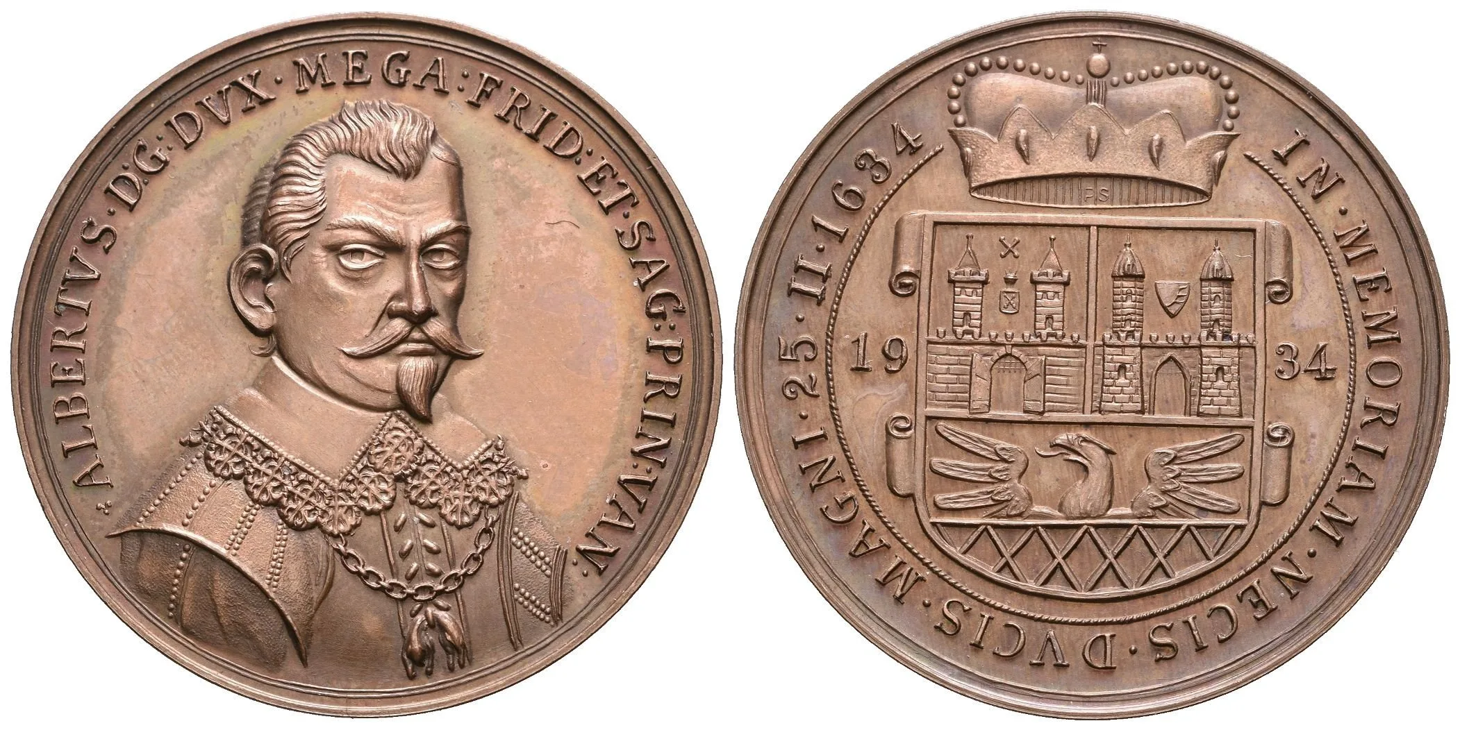 AE Medaile 1934/2019 (P. Soušek) - K 300. výročí zavraždění. Poprsí Valdštejna zprava, — 1