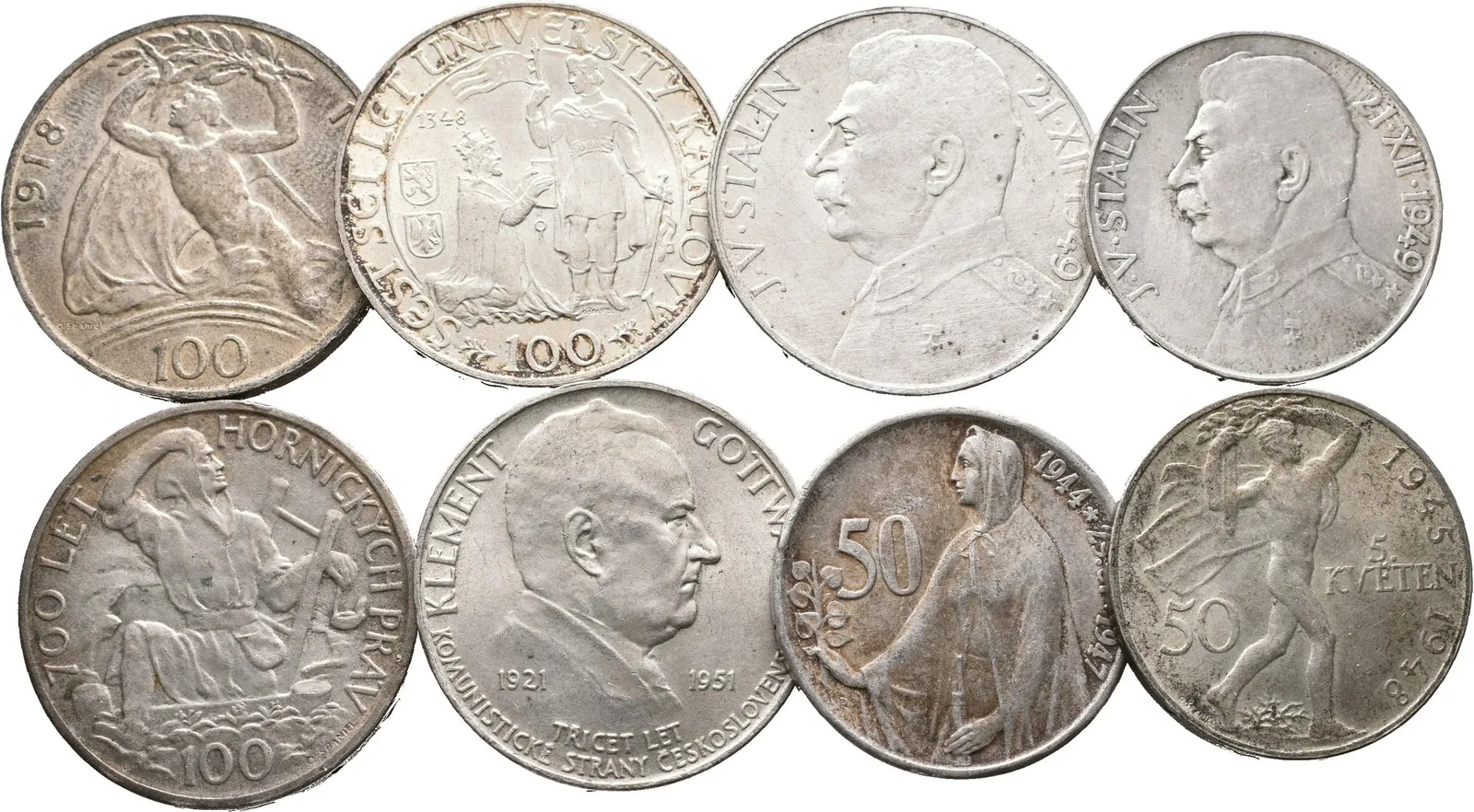 100 Kčs 1948 - 30. výročí ČSR, Univerzita Karlova, 100 Kč 1949 - Hornická práva, Stalin, — 1