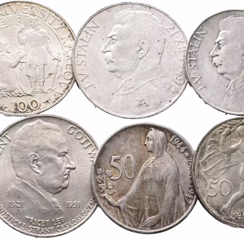 100 Kčs 1948 - 30. výročí ČSR, Univerzita Karlova, 100 Kč 1949 - Hornická práva, Stalin,