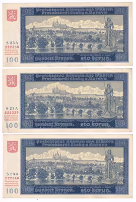 3x 100 Koruna 1940 Protektoát Čechy a Morava