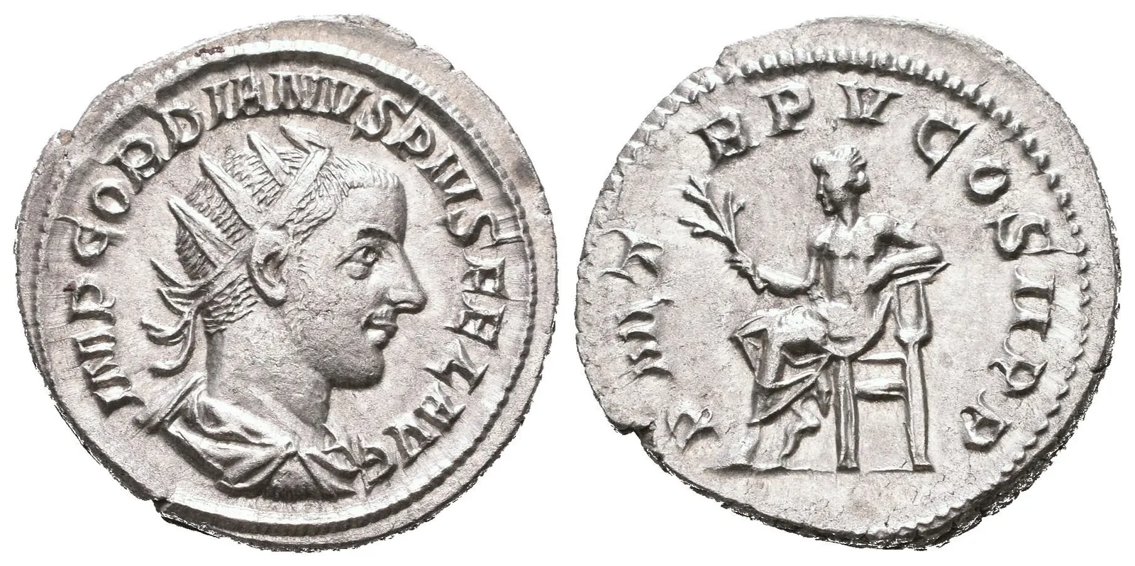 Antoninian, 241 - 243, Rv: P M TR P V COS II P P, sedící Apollo zleva — 1