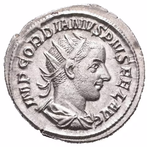 Antoninian, 241 - 243, Rv: P M TR P V COS II P P, sedící Apollo zleva