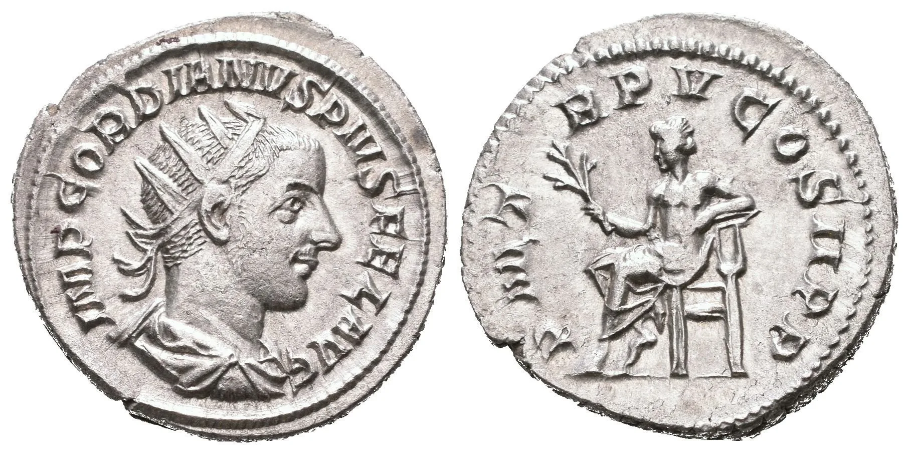 Antoninian, 241 - 243, Rv: P M TR P V COS II P P, sedící Apollo zleva — 1