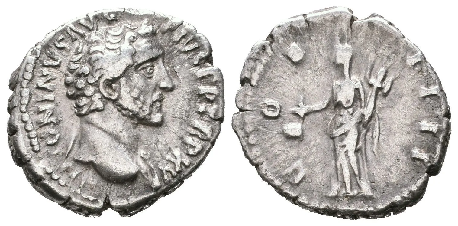 Denár, 152 - 153, Rv: COS IIII, stojící Vesta drží simpulum a palladium, — 1