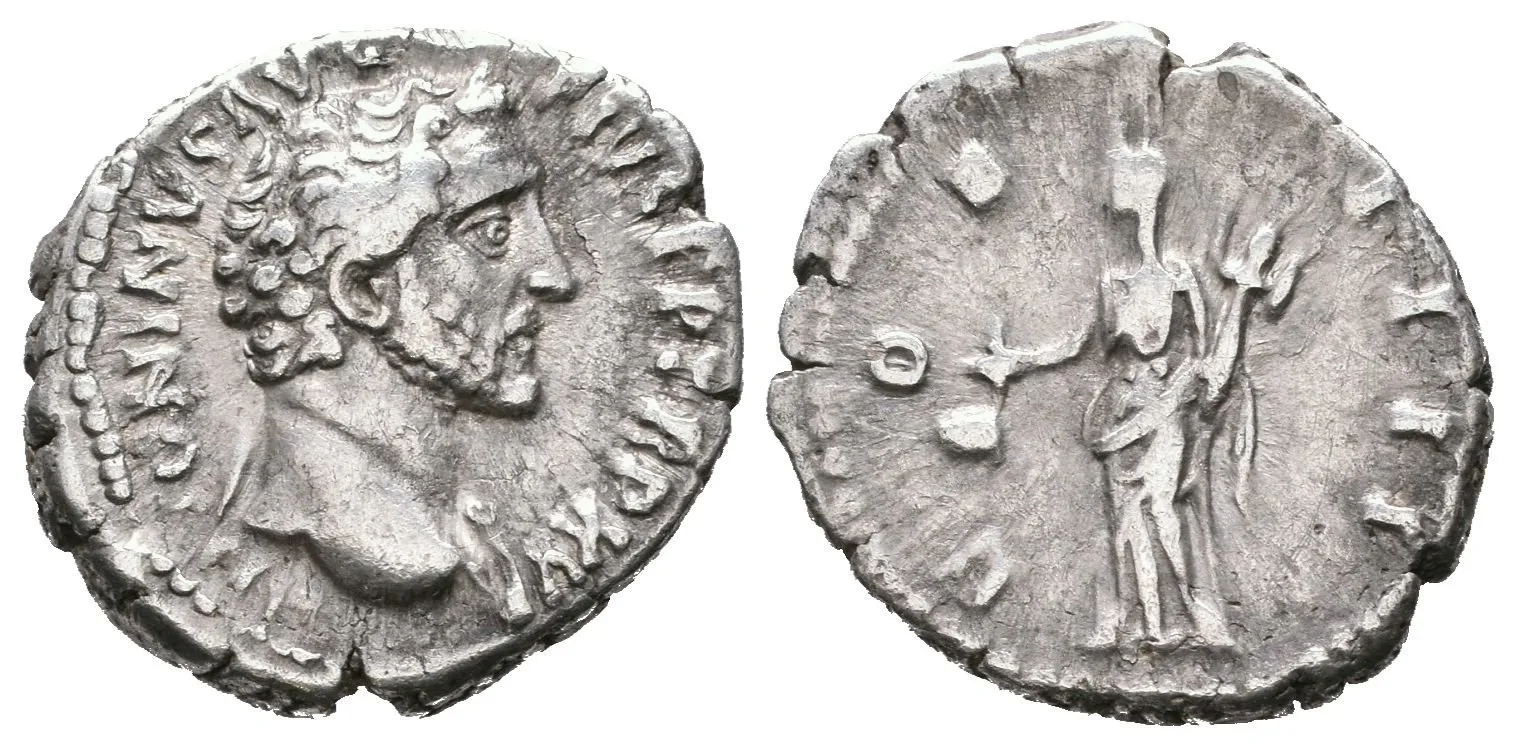 Denár, 152 - 153, Rv: COS IIII, stojící Vesta drží simpulum a palladium, — 1