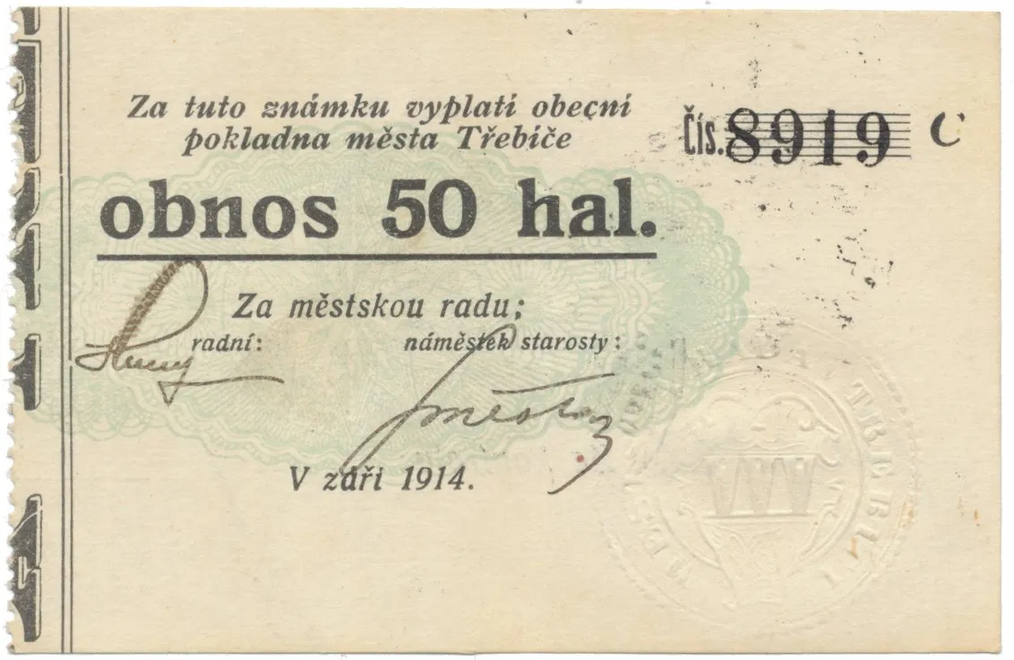 Třebíč - město, 50 hal září 1914, série C, Herzán (podpis neteře), HH.223.5.9f