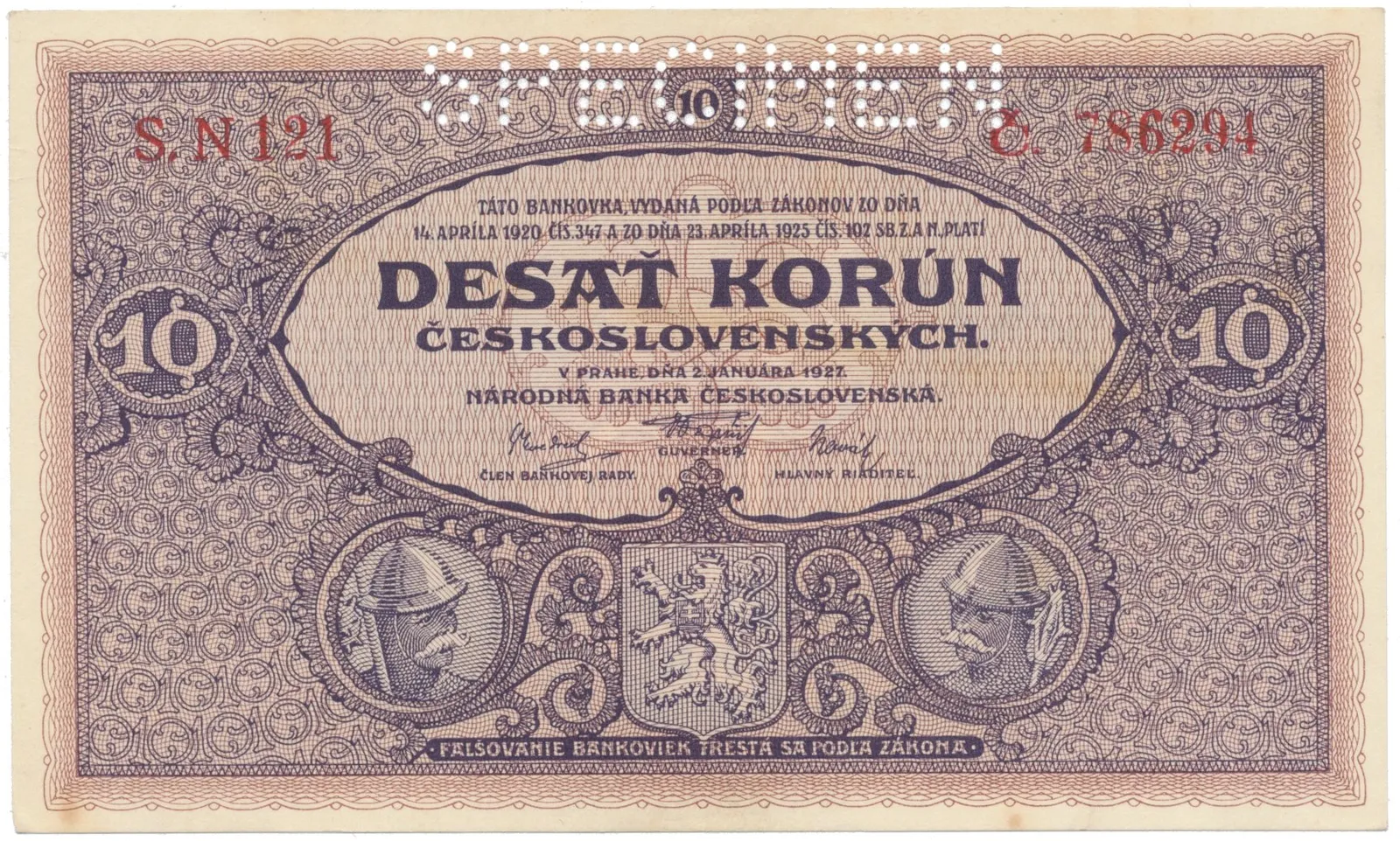 10 Koruna 1927, série N, SPECIMEN, Hej.22b.S1