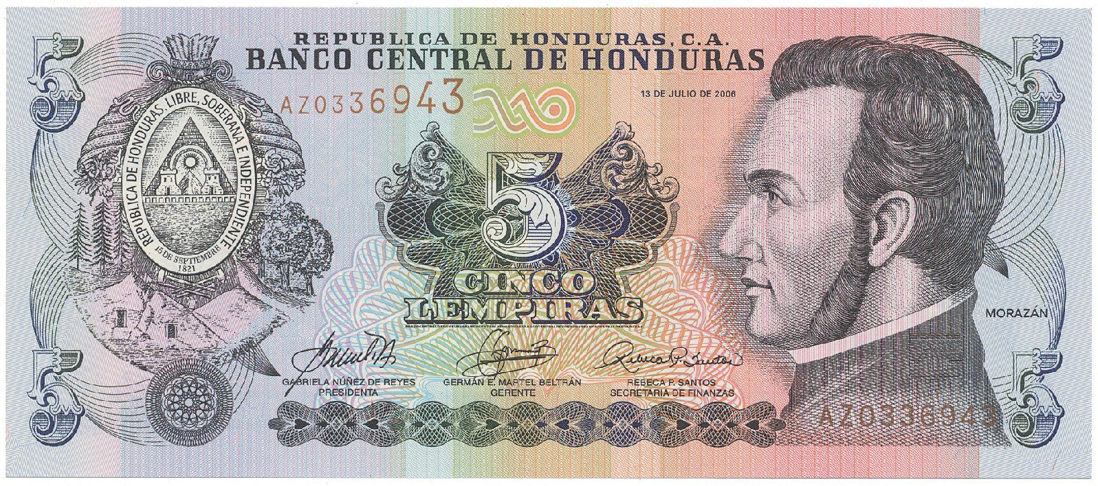 Honduras, 5 Lempiras 2006-2010, P.91