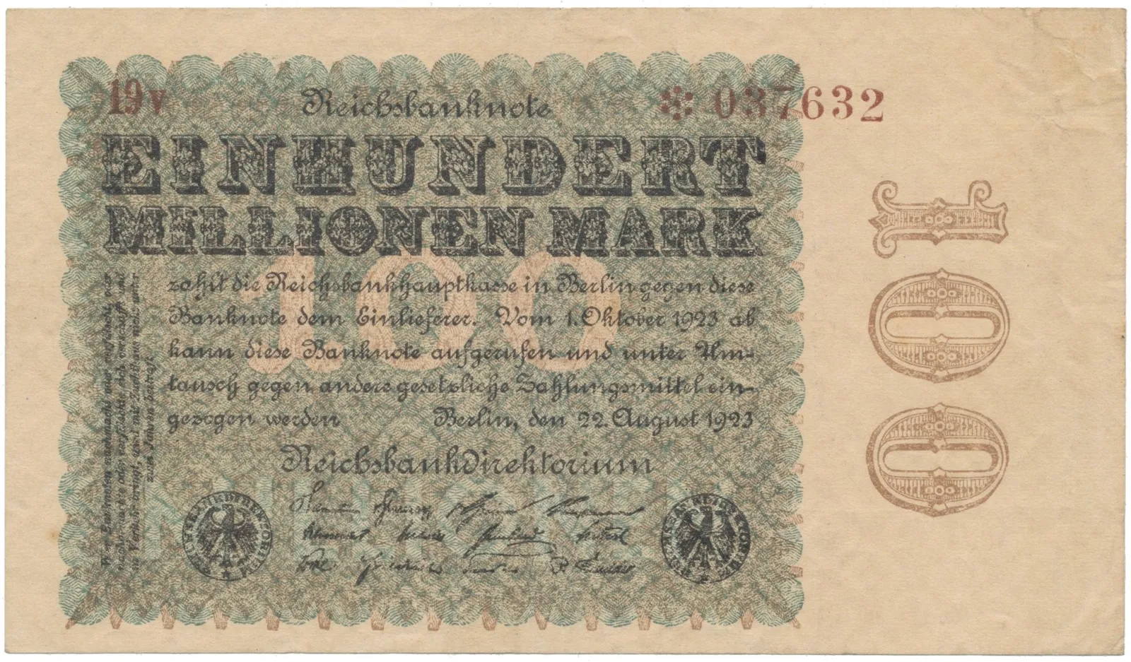 Německo, 100 Millionen Mark 1923, Kreuzblütten, Ro.106e