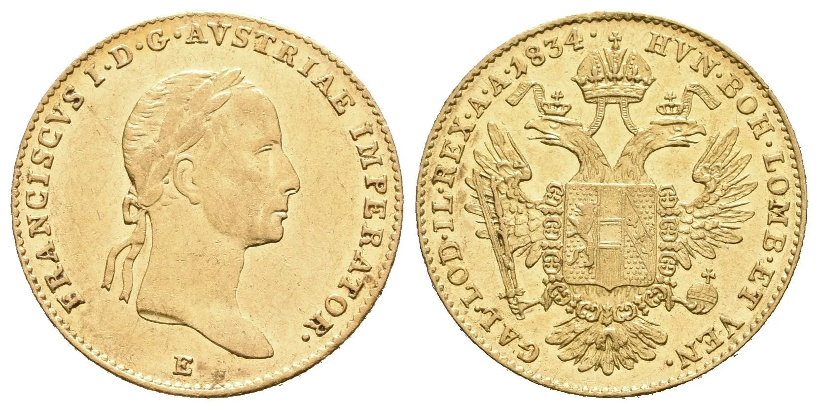 Dukát 1836 E, Karlsburg, Husz.1937, ražební lesk na rev. — 1