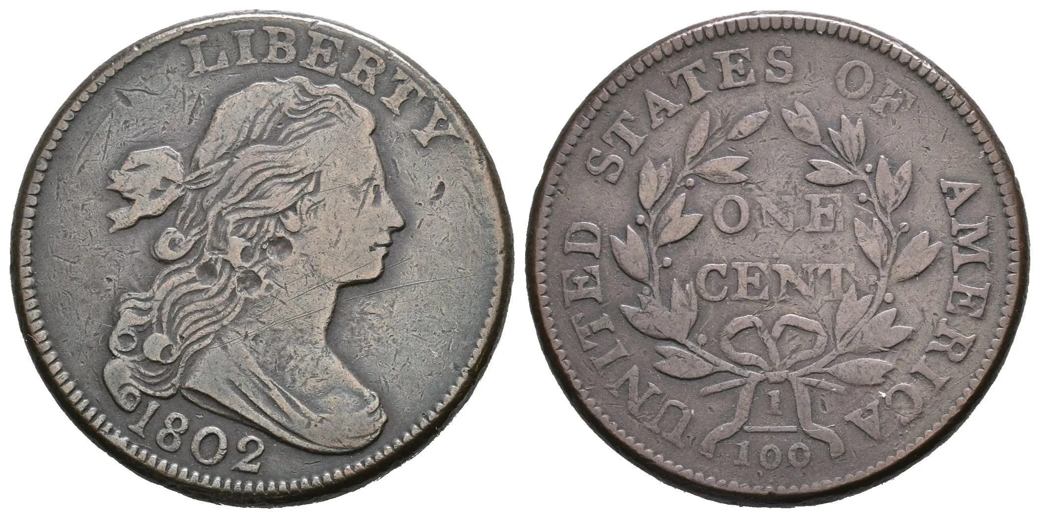 1 Cent 1802, KM.22, pěkná patina, škr. a údery — 1