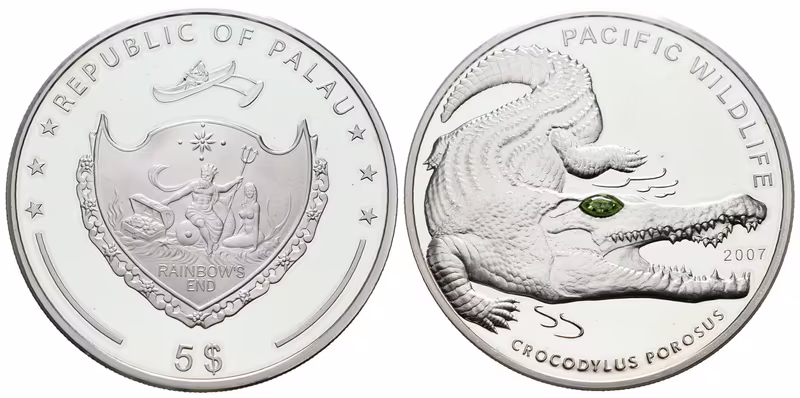 Palau, 5 Dollars 2007 - Krokodýl mořský