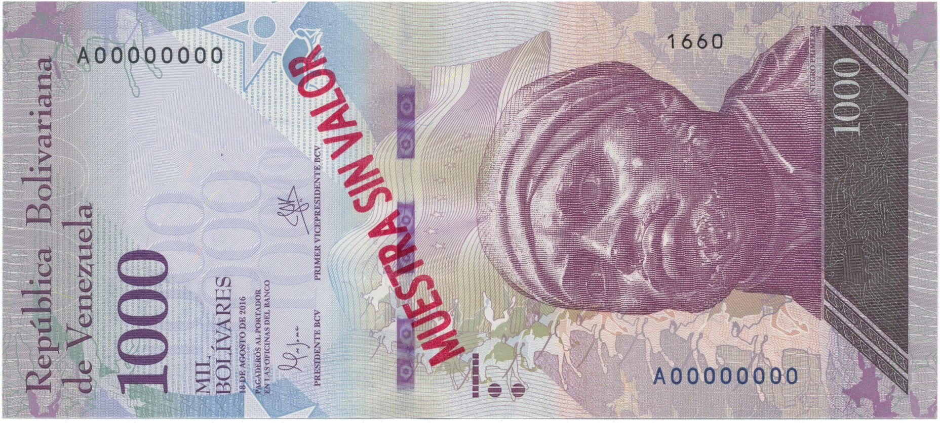 Venezuela, 1000 Bolivares 2016, anulát - MUESTRA SIN VALOR, P.95as
