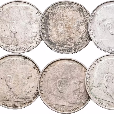 Soubor stříbrných mincí 2 Marka 1938 a 1939 - mincovny A, B, D, E, J,