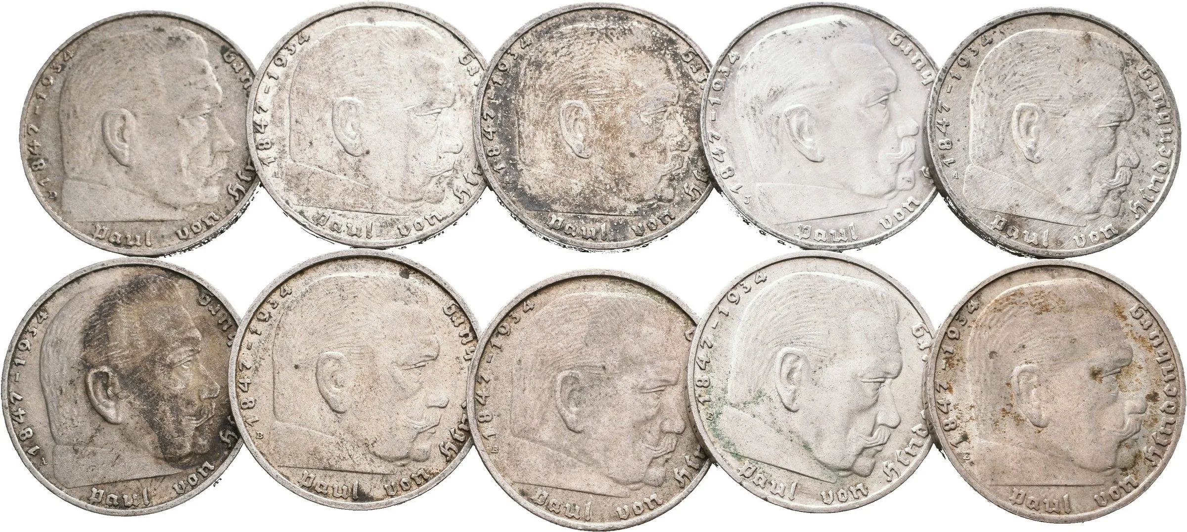 Soubor stříbrných mincí 2 Marka 1938 a 1939 - mincovny A, B, D, E, J, — 1