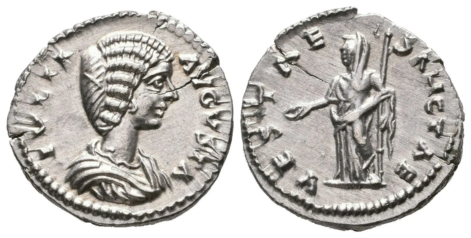 Denár, Laodicea ad Mare, 196 - 202, Rv: VESTAE SANCTAE, stojící zahalená Vesta — 1