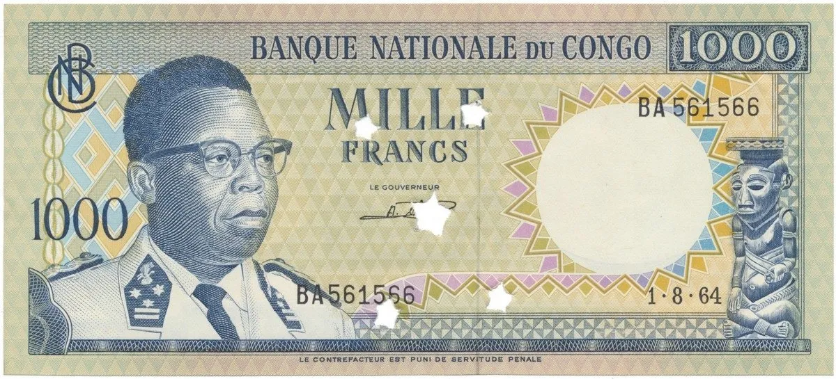 Kongo Dem. Republika,1000 Francs 1964, P.8, perforace 5x hvězdičkovým otvorem