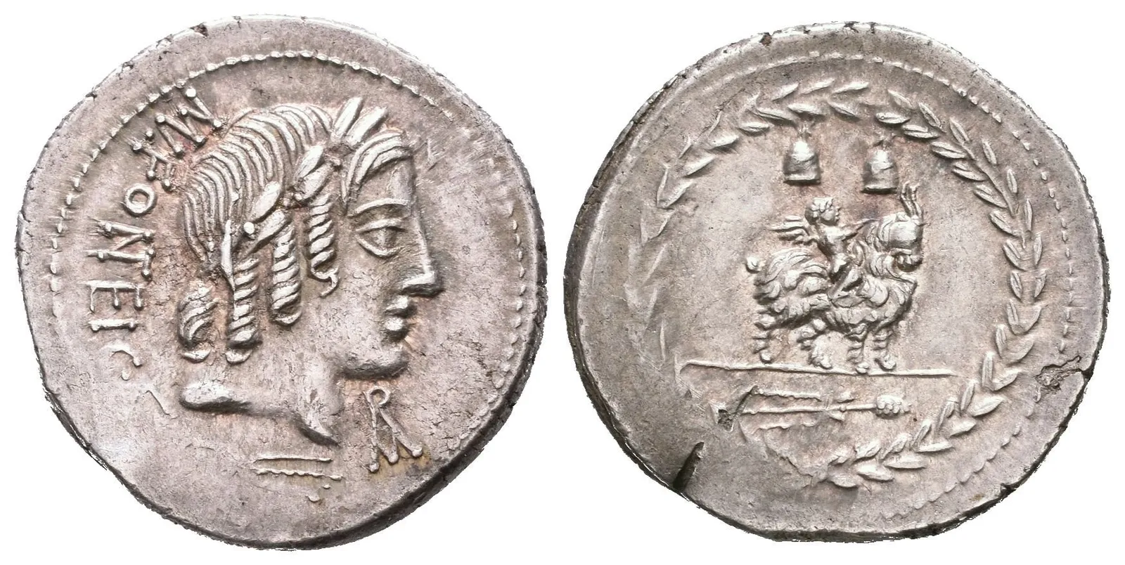 Denár, Ověnčená hlava Apollóna zprava, pod ní blesk, před ní monogram, MN FONTEI GF / — 1