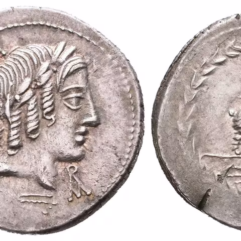 Denár, Ověnčená hlava Apollóna zprava, pod ní blesk, před ní monogram, MN FONTEI GF /