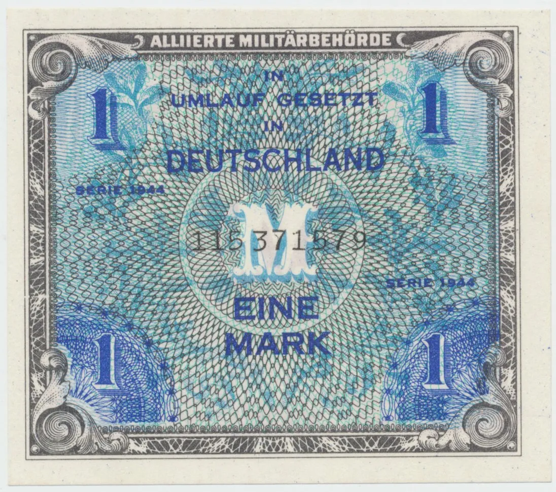 Okupační poukázky Allierte, 1 Mark 1944, tisk SSSR, 9-místný číslovač, Hej.AM2c