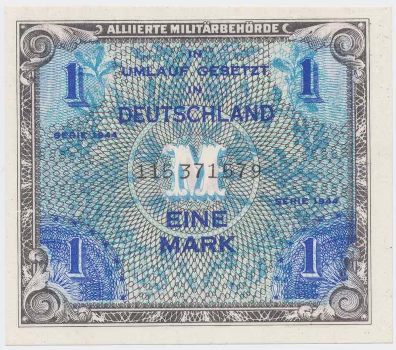 Okupační poukázky Allierte, 1 Mark 1944, tisk SSSR, 9-místný číslovač, Hej.AM2c