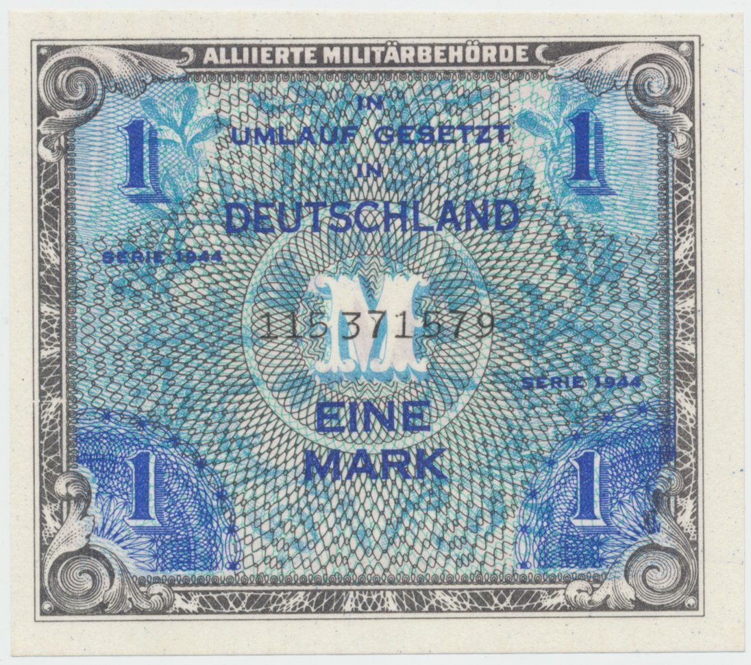 Okupační poukázky Allierte, 1 Mark 1944, tisk SSSR, 9-místný číslovač, Hej.AM2c