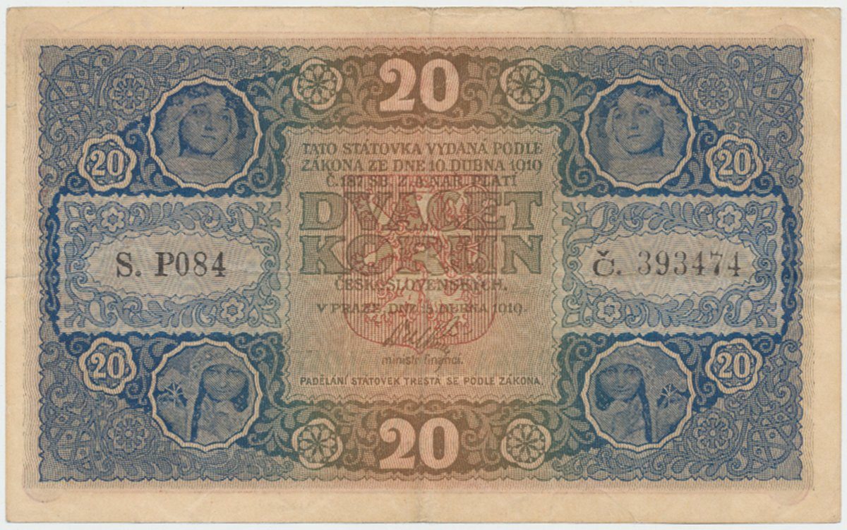 Československo, 20 Koruna 1919, serie P, Hej.10a