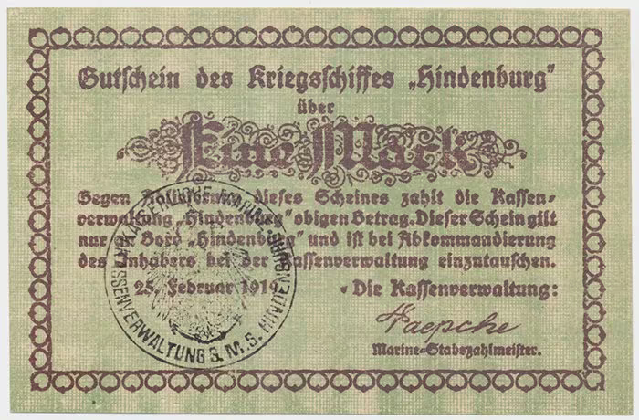 Německo - nouzovky, Křižník Hindenburg, 1 Mark 25. 2. 1919