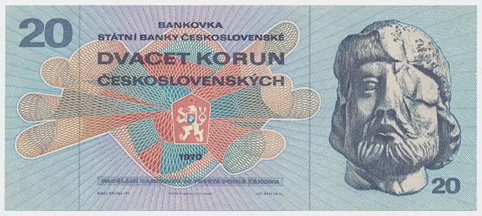 Československo, 20 Koruna 1970, série L, Hej.104aL