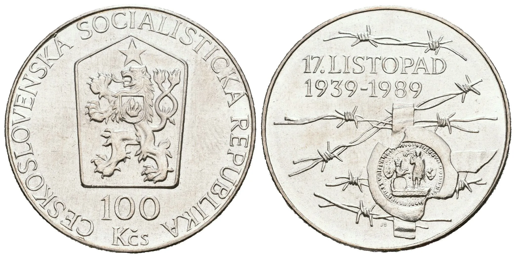 100 Kčs 1989 - 17. listopad 1939, ražební lesk, patina — 1