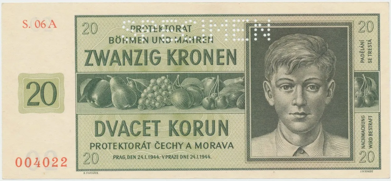 Protektorát Čechy a Morava, 20 Koruna 1944, série A, tisk NBČM, perf. 1x SPECIMEN, Hej.40a.S1