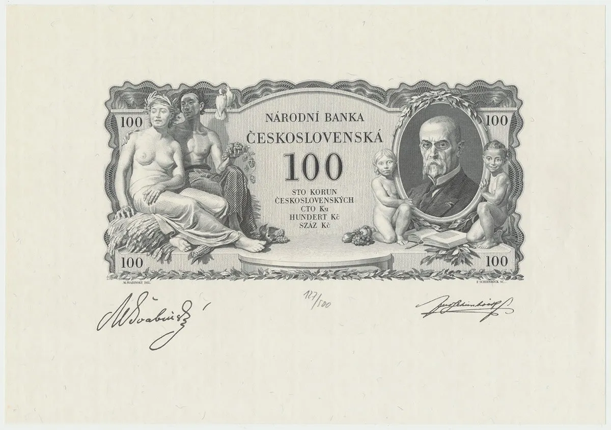 Československo, 100 Koruna 1931, číslovaný černotisk Rv. na papíře s vodoznakem, Hej.25, BHK.25