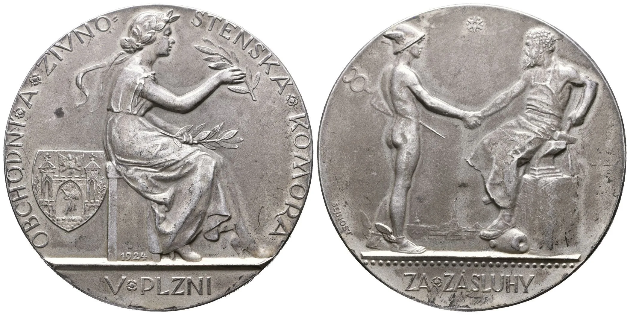 AE Medaile 1924 - Obchodní a živnostenská komora v Plzni. Sedící dívka s ratolestí — 1