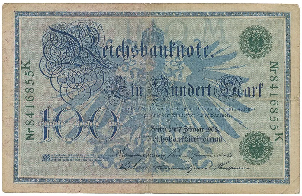 Německo, 100 Mark 1908, zelený číslovač, Ro.34